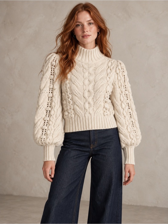 Banana Republic Sweaters - Banana Republic Ticino Cable Puff Sleeve Sweater Cream S Cottagecore Boho Knit